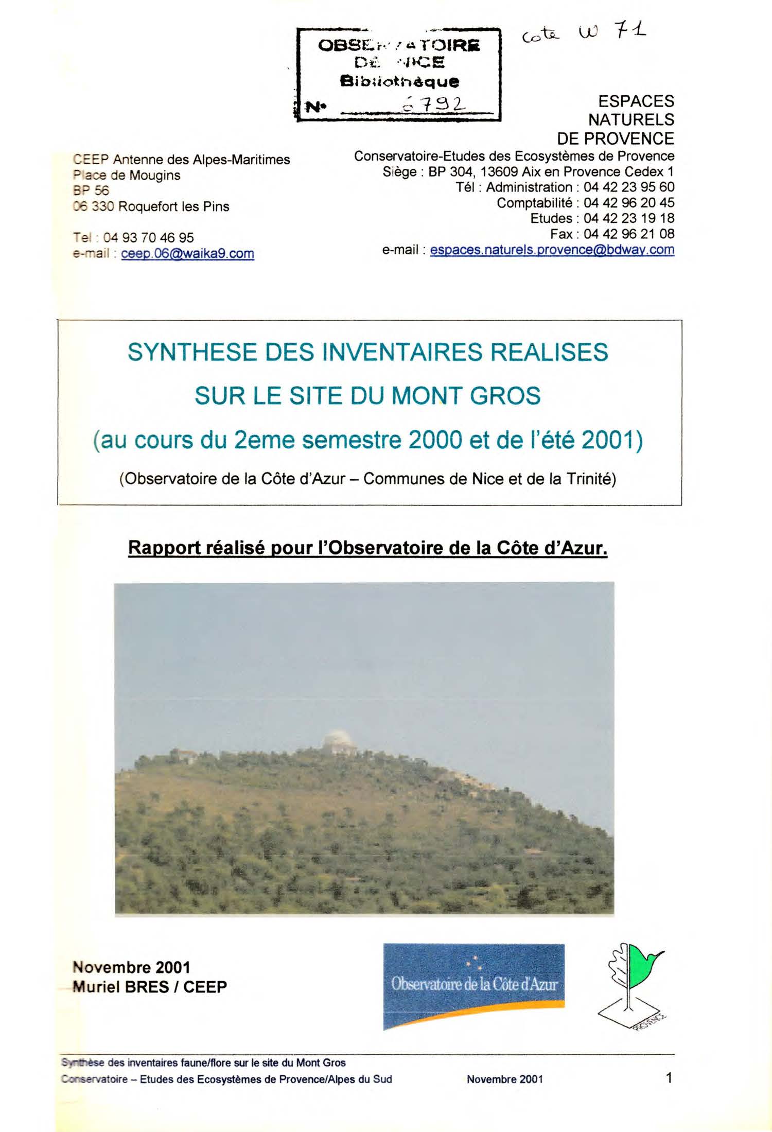 OCA NI 006792 W71 CEEP SYNTHESE DES INVENTAIRES SUR SITE MONT GROS